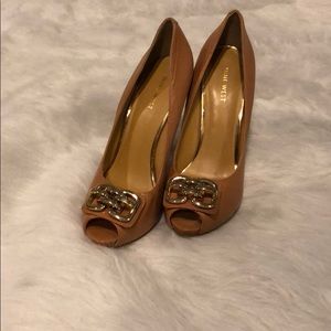 Cognac Nine West Peep Toe Pumps with Gold Buckle